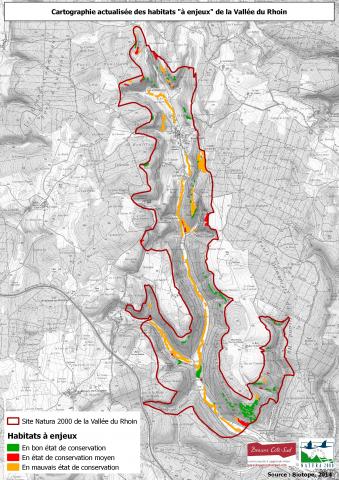 Cartographie actualisée des habitats "à enjeux" de la Vallée du Rhoin. Source : Biotope.
